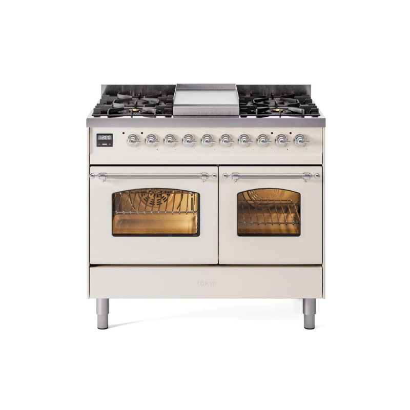 ILVE 40" Nostalgie II Series Freestanding Double Oven Dual Fuel Range with 6 Sealed Burners and Griddle - UPD40FNMP