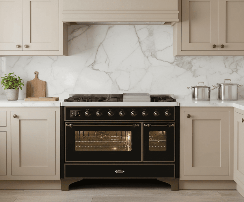 ILVE Majestic II 48 Inch Dual Fuel Range, Double Oven, 8 Burners & Griddle UM12FDNS3