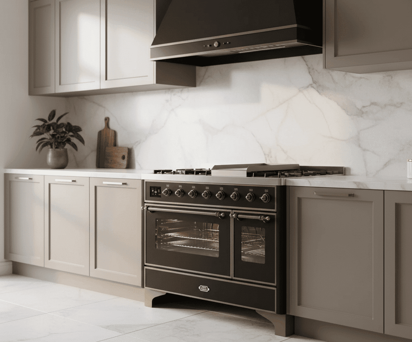 ILVE Majestic II 48 Inch Dual Fuel Range, Double Oven, 8 Burners & Griddle UM12FDNS3