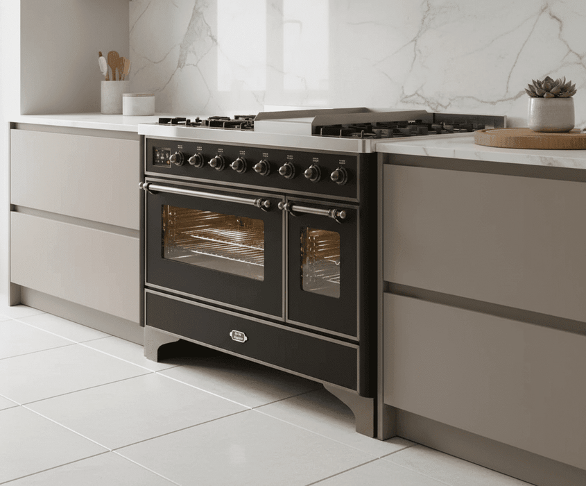 ILVE Majestic II 48 Inch Dual Fuel Range, Double Oven, 8 Burners & Griddle UM12FDNS3