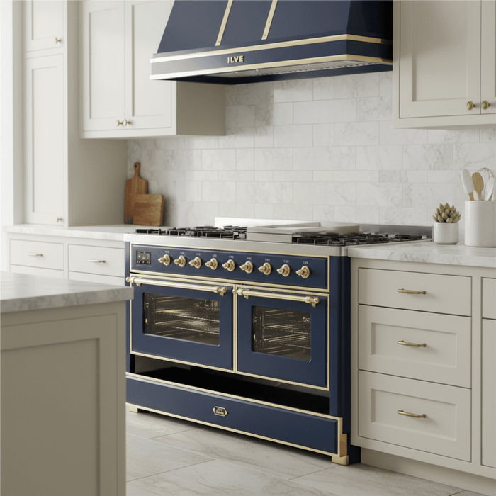 ILVE Majestic II 48 Inch Dual Fuel Range, Double Oven, 8 Burners & Griddle UM12FDNS3