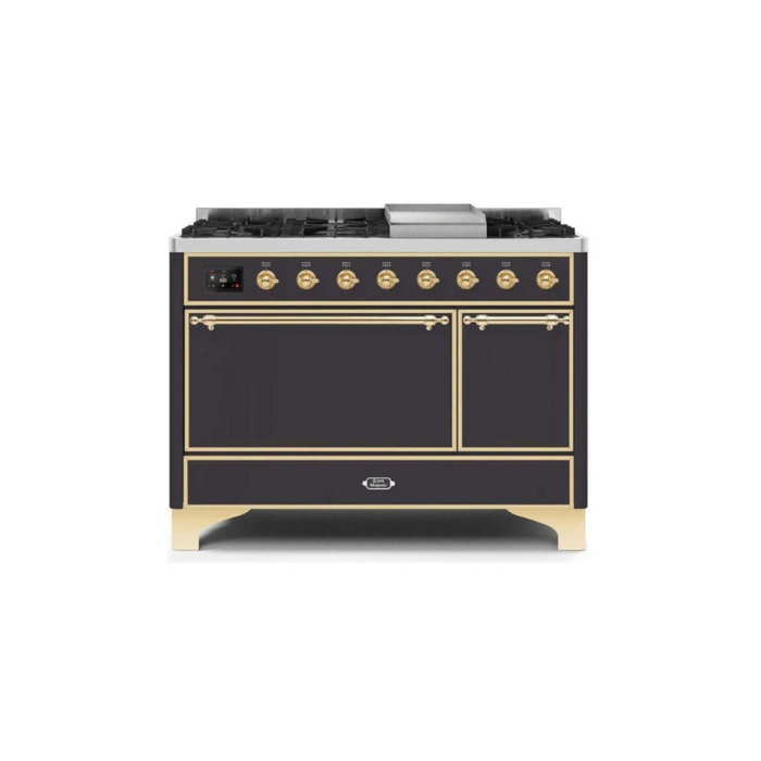 ILVE 48 Inch Majestic II Series Freestanding Dual Fuel Liquid Propane Range with 8 Sealed Brass Non Stick Coated Burners and Griddle (UM12FDQNS3)