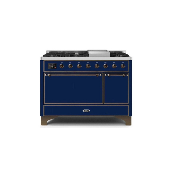 ILVE 48 Inch Majestic II Series Freestanding Dual Fuel Liquid Propane Range with 8 Sealed Brass Non Stick Coated Burners and Griddle (UM12FDQNS3)