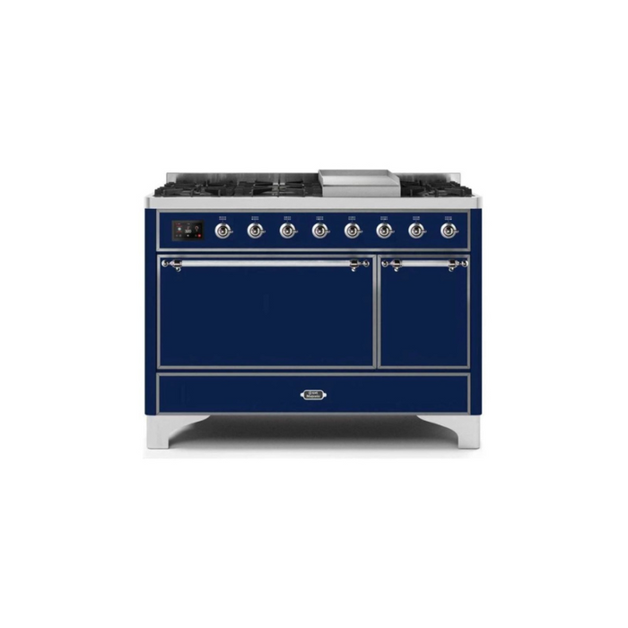 ILVE 48 Inch Majestic II Series Freestanding Dual Fuel Liquid Propane Range with 8 Sealed Brass Non Stick Coated Burners and Griddle (UM12FDQNS3)