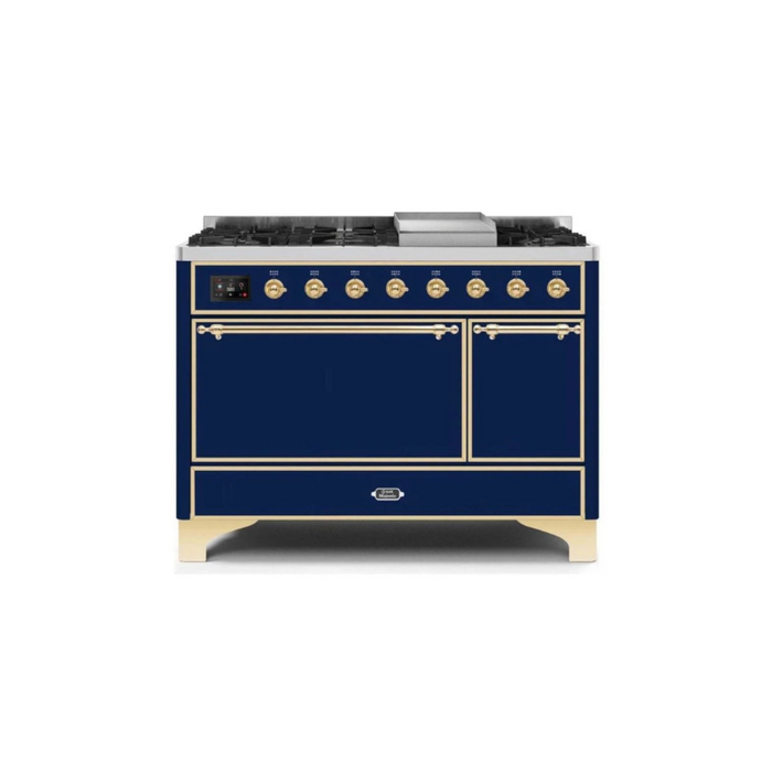 ILVE 48 Inch Majestic II Series Freestanding Dual Fuel Liquid Propane Range with 8 Sealed Brass Non Stick Coated Burners and Griddle (UM12FDQNS3)