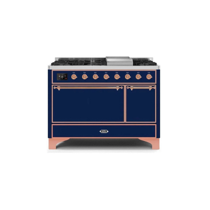 ILVE 48 Inch Majestic II Series Freestanding Dual Fuel Liquid Propane Range with 8 Sealed Brass Non Stick Coated Burners and Griddle (UM12FDQNS3)