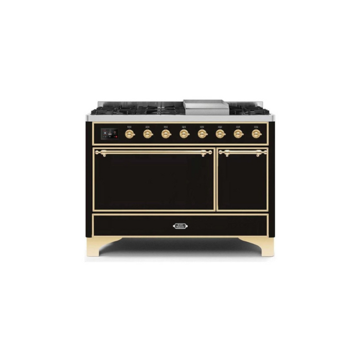 ILVE 48 Inch Majestic II Series Freestanding Dual Fuel Liquid Propane Range with 8 Sealed Brass Non Stick Coated Burners and Griddle (UM12FDQNS3)