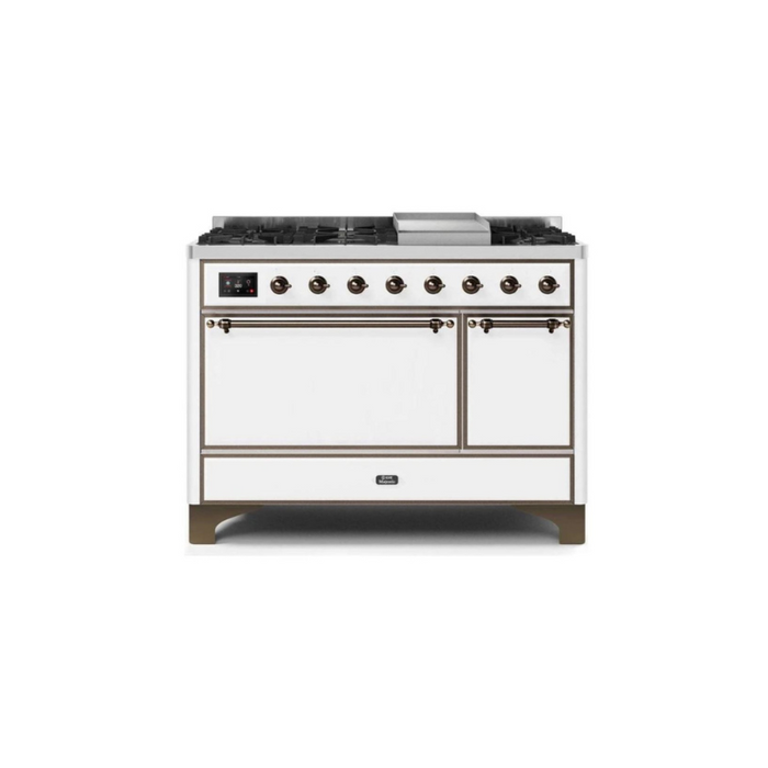 ILVE 48 Inch Majestic II Series Freestanding Dual Fuel Liquid Propane Range with 8 Sealed Brass Non Stick Coated Burners and Griddle (UM12FDQNS3)