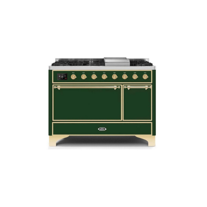 ILVE 48 Inch Majestic II Series Freestanding Dual Fuel Liquid Propane Range with 8 Sealed Brass Non Stick Coated Burners and Griddle (UM12FDQNS3)