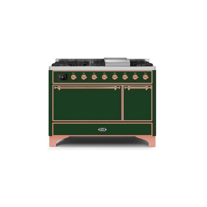 ILVE 48 Inch Majestic II Series Freestanding Dual Fuel Liquid Propane Range with 8 Sealed Brass Non Stick Coated Burners and Griddle (UM12FDQNS3)