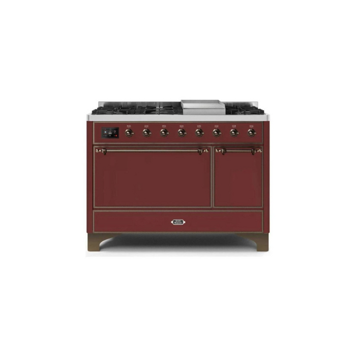 ILVE 48 Inch Majestic II Series Freestanding Dual Fuel Liquid Propane Range with 8 Sealed Brass Non Stick Coated Burners and Griddle (UM12FDQNS3)