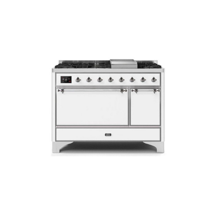 ILVE 48 Inch Majestic II Series Freestanding Dual Fuel Liquid Propane Range with 8 Sealed Brass Non Stick Coated Burners and Griddle (UM12FDQNS3)