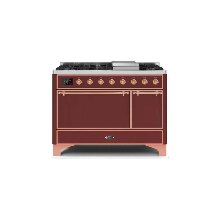 ILVE 48 Inch Majestic II Series Freestanding Dual Fuel Liquid Propane Range with 8 Sealed Brass Non Stick Coated Burners and Griddle (UM12FDQNS3)