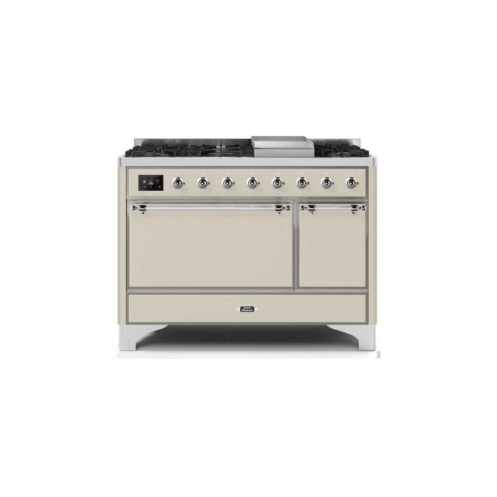 ILVE 48 Inch Majestic II Series Freestanding Dual Fuel Liquid Propane Range with 8 Sealed Brass Non Stick Coated Burners and Griddle (UM12FDQNS3)