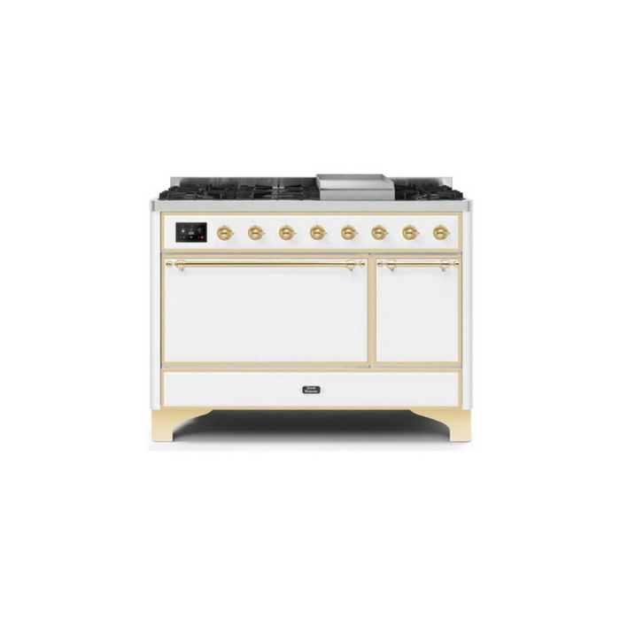 ILVE 48 Inch Majestic II Series Freestanding Dual Fuel Liquid Propane Range with 8 Sealed Brass Non Stick Coated Burners and Griddle (UM12FDQNS3)