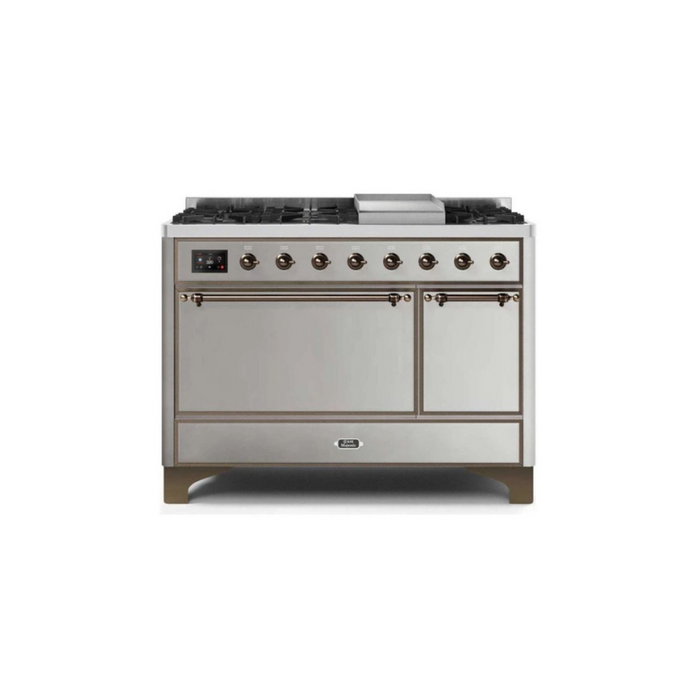 ILVE 48 Inch Majestic II Series Freestanding Dual Fuel Liquid Propane Range with 8 Sealed Brass Non Stick Coated Burners and Griddle (UM12FDQNS3)