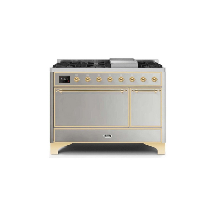 ILVE 48 Inch Majestic II Series Freestanding Dual Fuel Liquid Propane Range with 8 Sealed Brass Non Stick Coated Burners and Griddle (UM12FDQNS3)