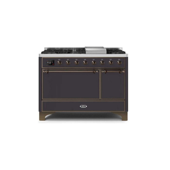 ILVE 48 Inch Majestic II Series Freestanding Dual Fuel Liquid Propane Range with 8 Sealed Brass Non Stick Coated Burners and Griddle (UM12FDQNS3)