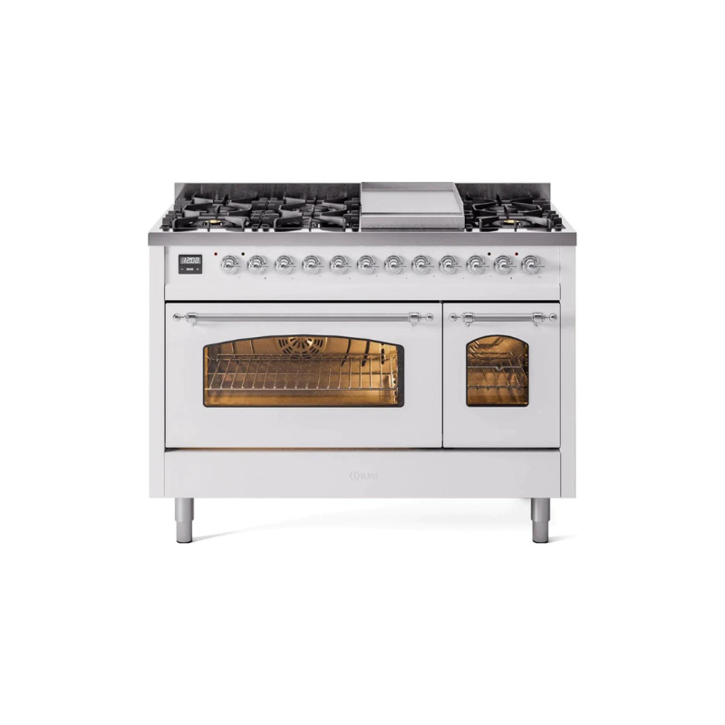 ILVE 48" Nostalgie II Series Freestanding Double Oven Dual Fuel Range with 8 Sealed Burners and Griddle - UP48FNMP