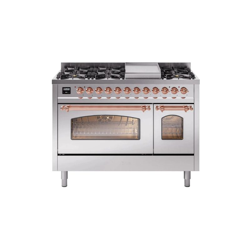 ILVE 48" Nostalgie II Series Freestanding Double Oven Dual Fuel Range with 8 Sealed Burners and Griddle - UP48FNMP