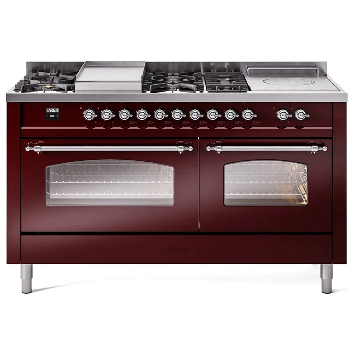 ILVE 60" Nostalgie II Series Freestanding Double Oven Dual Fuel Range with 8 Sealed Burners and Griddle