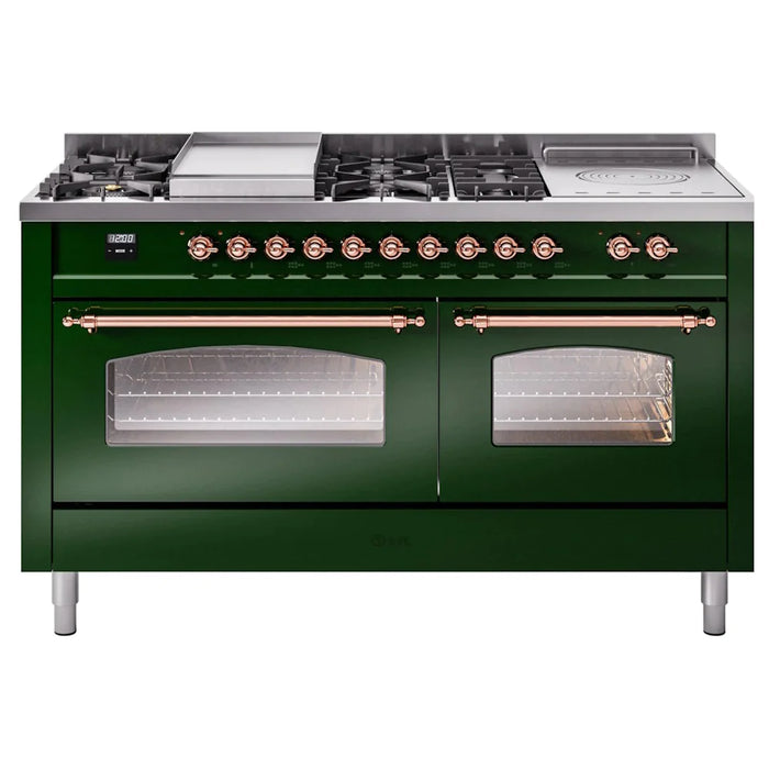 ILVE 60" Nostalgie II Series Freestanding Double Oven Dual Fuel Range with 8 Sealed Burners and Griddle