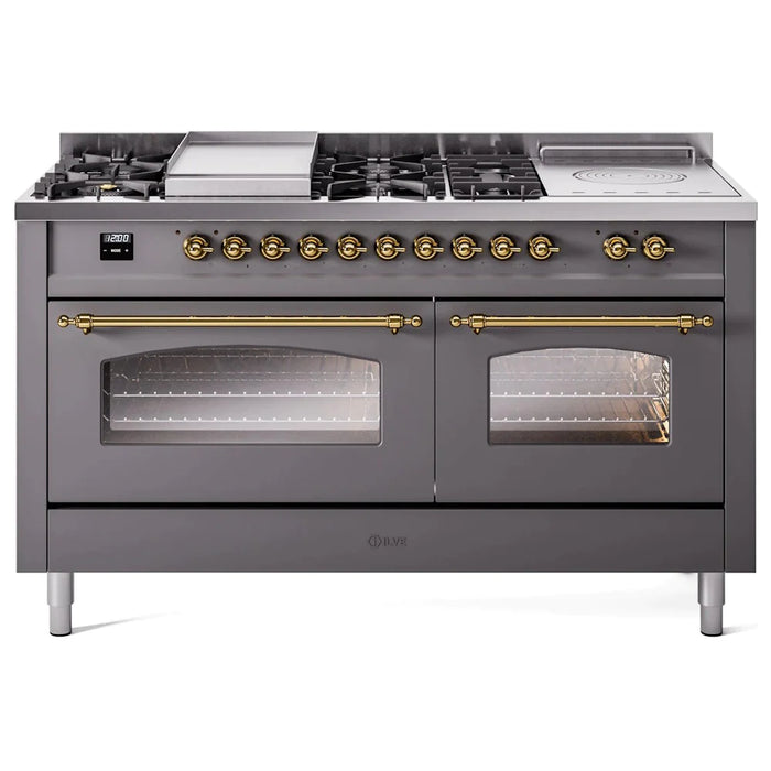 ILVE 60" Nostalgie II Series Freestanding Double Oven Dual Fuel Range with 8 Sealed Burners and Griddle