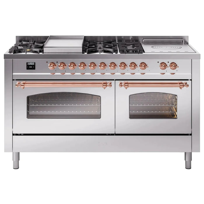 ILVE 60" Nostalgie II Series Freestanding Double Oven Dual Fuel Range with 8 Sealed Burners and Griddle