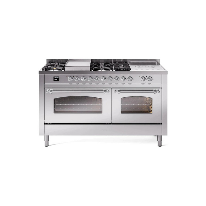 ILVE 60" Nostalgie II Series Freestanding Double Oven Dual Fuel Range with 8 Sealed Burners and Griddle - UP60FSNMP