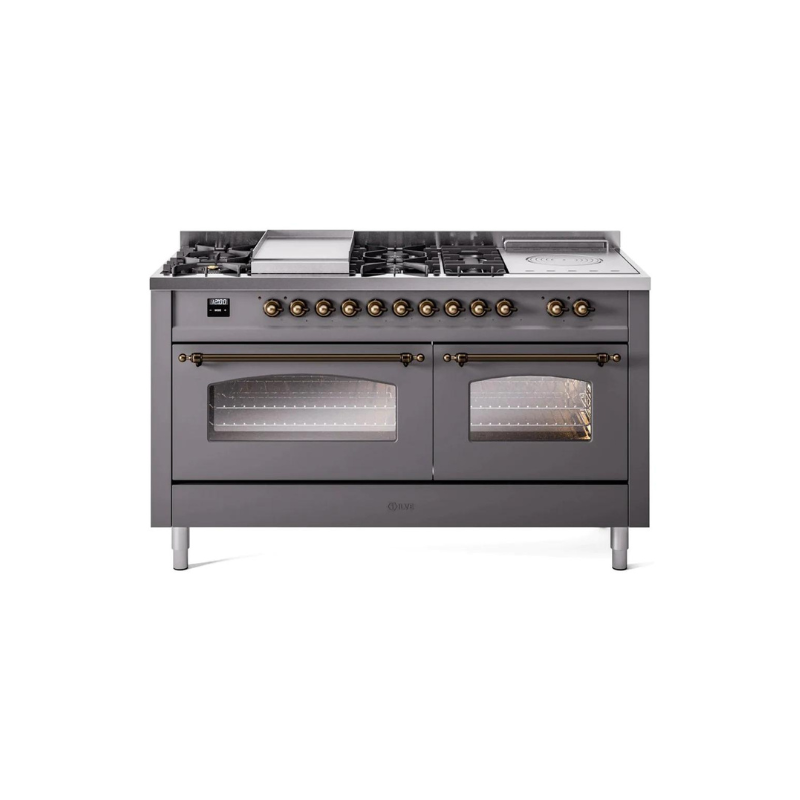 ILVE 60" Nostalgie II Series Freestanding Double Oven Dual Fuel Range with 8 Sealed Burners and Griddle - UP60FSNMP