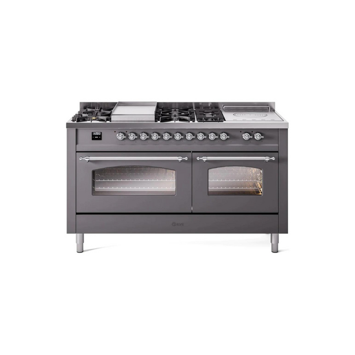 ILVE 60" Nostalgie II Series Freestanding Double Oven Dual Fuel Range with 8 Sealed Burners and Griddle - UP60FSNMP