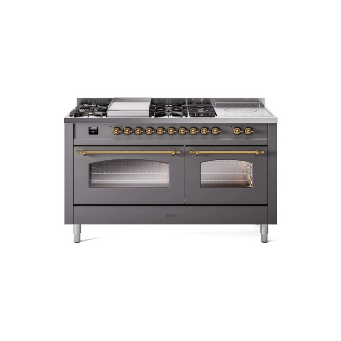 ILVE 60" Nostalgie II Series Freestanding Double Oven Dual Fuel Range with 8 Sealed Burners and Griddle - UP60FSNMP