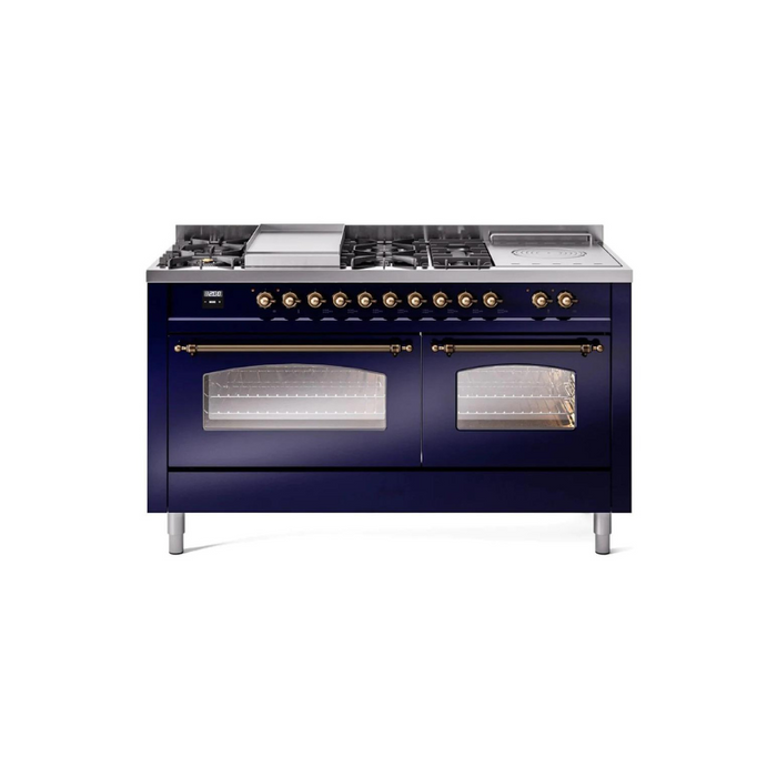 ILVE 60" Nostalgie II Series Freestanding Double Oven Dual Fuel Range with 8 Sealed Burners and Griddle - UP60FSNMP