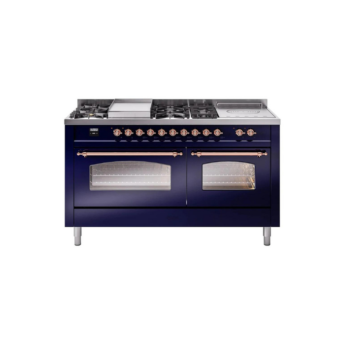 ILVE 60" Nostalgie II Series Freestanding Double Oven Dual Fuel Range with 8 Sealed Burners and Griddle - UP60FSNMP