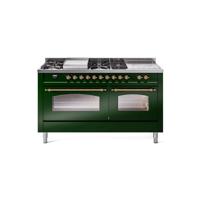 ILVE 60" Nostalgie II Series Freestanding Double Oven Dual Fuel Range with 8 Sealed Burners and Griddle - UP60FSNMP