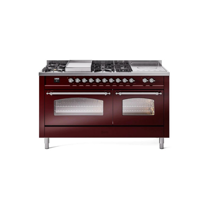 ILVE 60" Nostalgie II Series Freestanding Double Oven Dual Fuel Range with 8 Sealed Burners and Griddle - UP60FSNMP