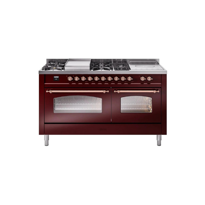 ILVE 60" Nostalgie II Series Freestanding Double Oven Dual Fuel Range with 8 Sealed Burners and Griddle - UP60FSNMP