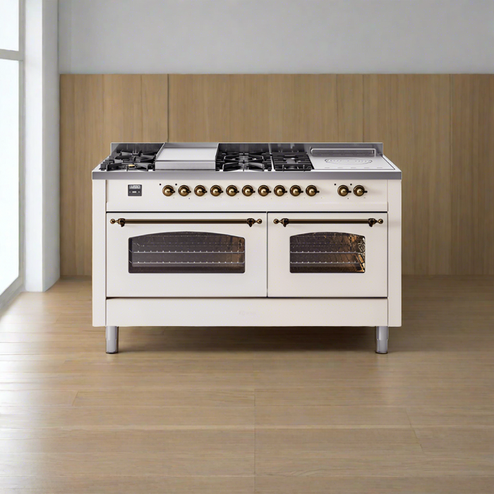 ILVE 60" Nostalgie II Series Freestanding Double Oven Dual Fuel Range with 8 Sealed Burners and Griddle - UP60FSNMP