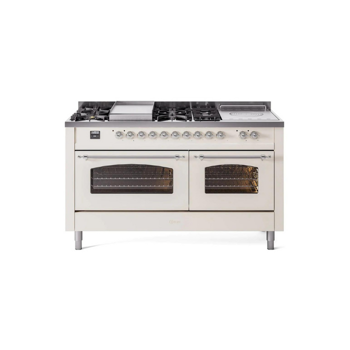 ILVE 60" Nostalgie II Series Freestanding Double Oven Dual Fuel Range with 8 Sealed Burners and Griddle - UP60FSNMP