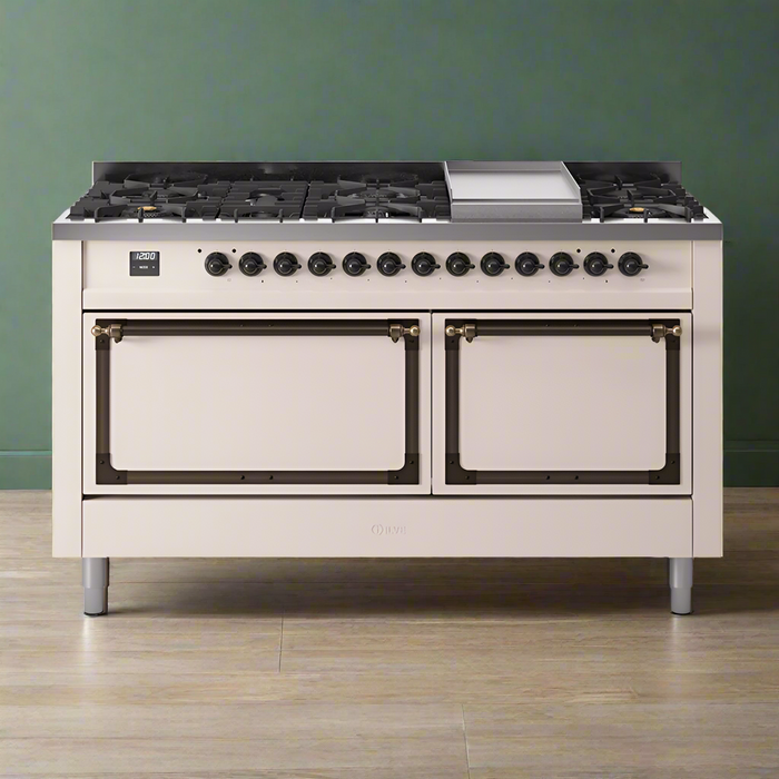 ILVE Nostalgie II Noblesse 60″ Dual Fuel Freestanding Range 9 Sealed Burners + Griddle with Solid Door - UN60FQNMP