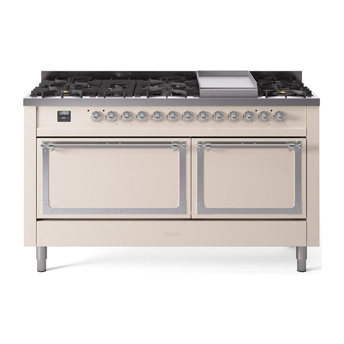 ILVE Nostalgie II Noblesse 60″ Dual Fuel Freestanding Range 9 Sealed Burners + Griddle with Solid Door - UN60FQNMP