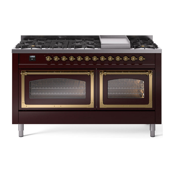 ILVE Nostalgie II Noblesse 60" Dual Fuel Freestanding Range with 9 Sealed Burners + Griddle with Triple Glass Door - UN60FNMP