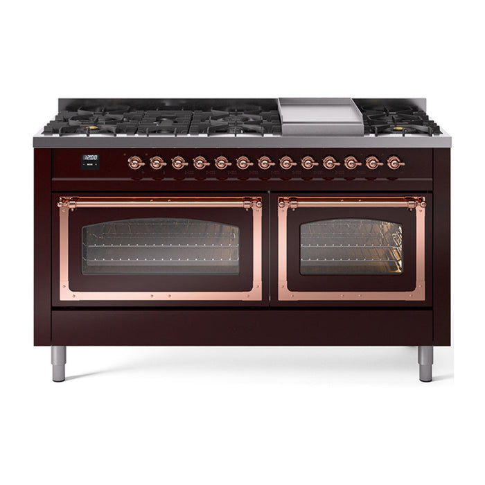 ILVE Nostalgie II Noblesse 60" Dual Fuel Freestanding Range with 9 Sealed Burners + Griddle with Triple Glass Door - UN60FNMP