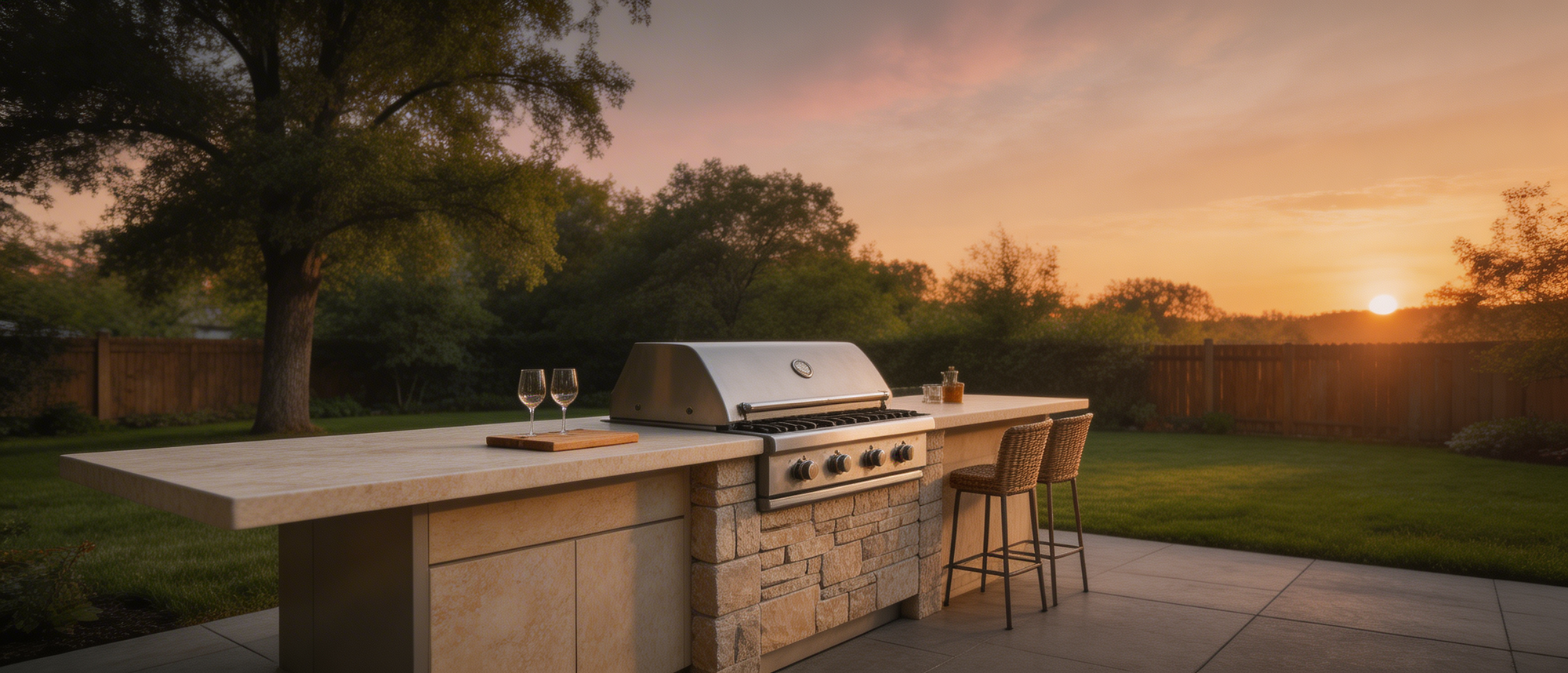 Outdoor kitchen island with built-in gas grill and bar seating at sunset - InnovDepot outdoor living appliances