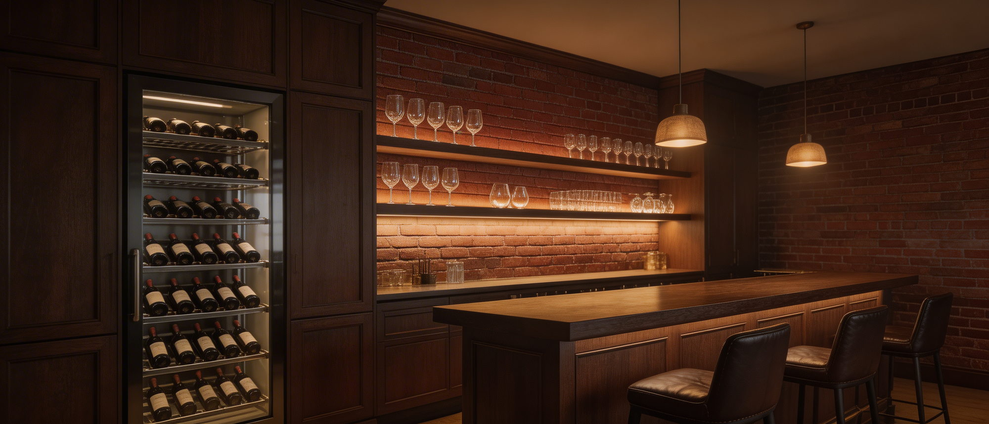 Luxury wine cellar bar with built-in wine cooler, exposed brick walls, and pendant lighting - InnovDepot premium kitchen and home appliances