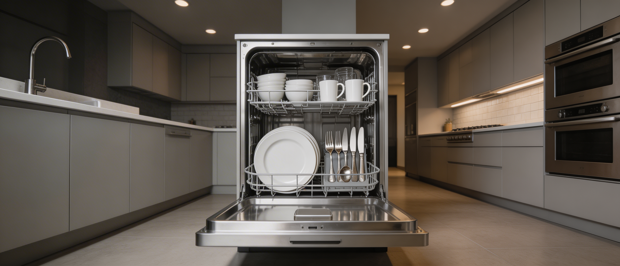 Stainless steel dishwasher open with clean dishes in modern luxury kitchen - InnovDepot kitchen appliances