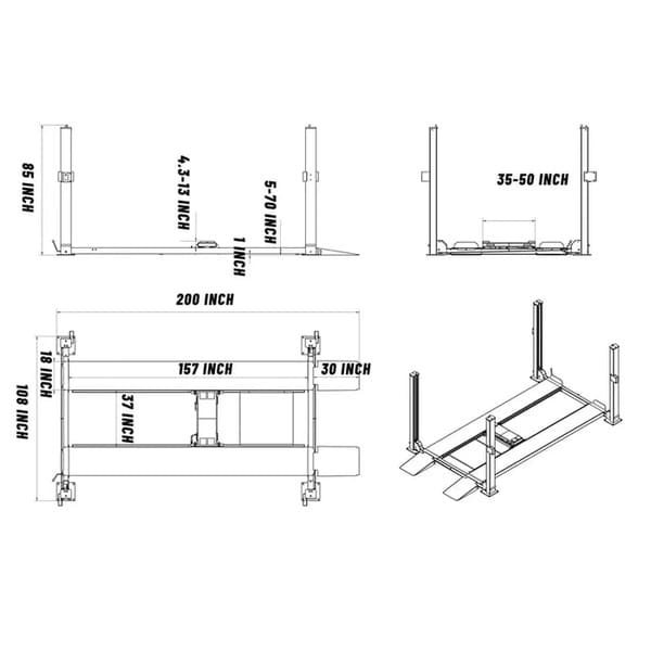 Bottom dimension view of the Katool KT-4H850 4-Post Lift – shows detailed footprint, column spacing, and runway measurements.

