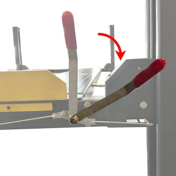 Close-up of the Katool KT-4H850 4-Post Lift safety lock mechanism – shows primary and secondary locking devices for secure lifting.

