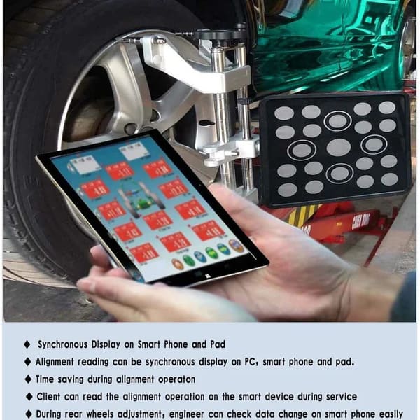 Highlighted features of the Katool KT-AV9 Wheel Alignment Machine – full-auto operation, remote control, mobile compatibility, and real-time display.

