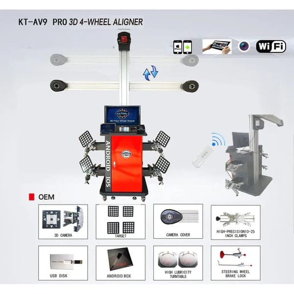 Detailed feature breakdown of the Katool KT-AV9 Wheel Alignment Machine – includes smart display, Android/iOS support, and multi-lift compatibility.

